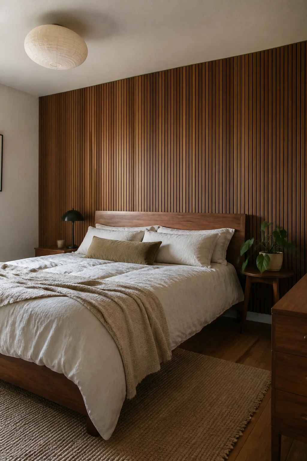 Cover the wall behind the bed in walnut slats