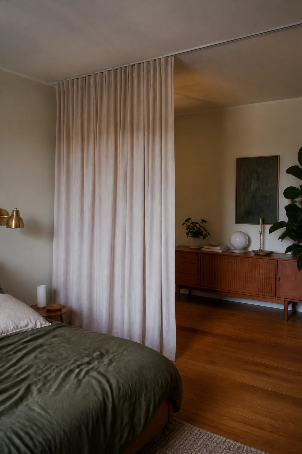 Hang a floor to ceiling curtain track for soft zones