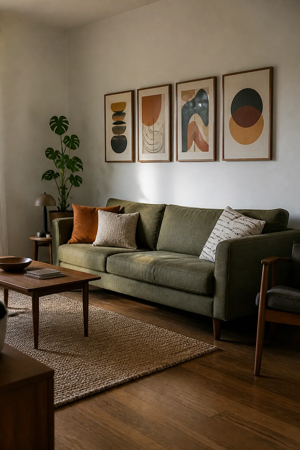Group mid century prints in a row above the sofa
