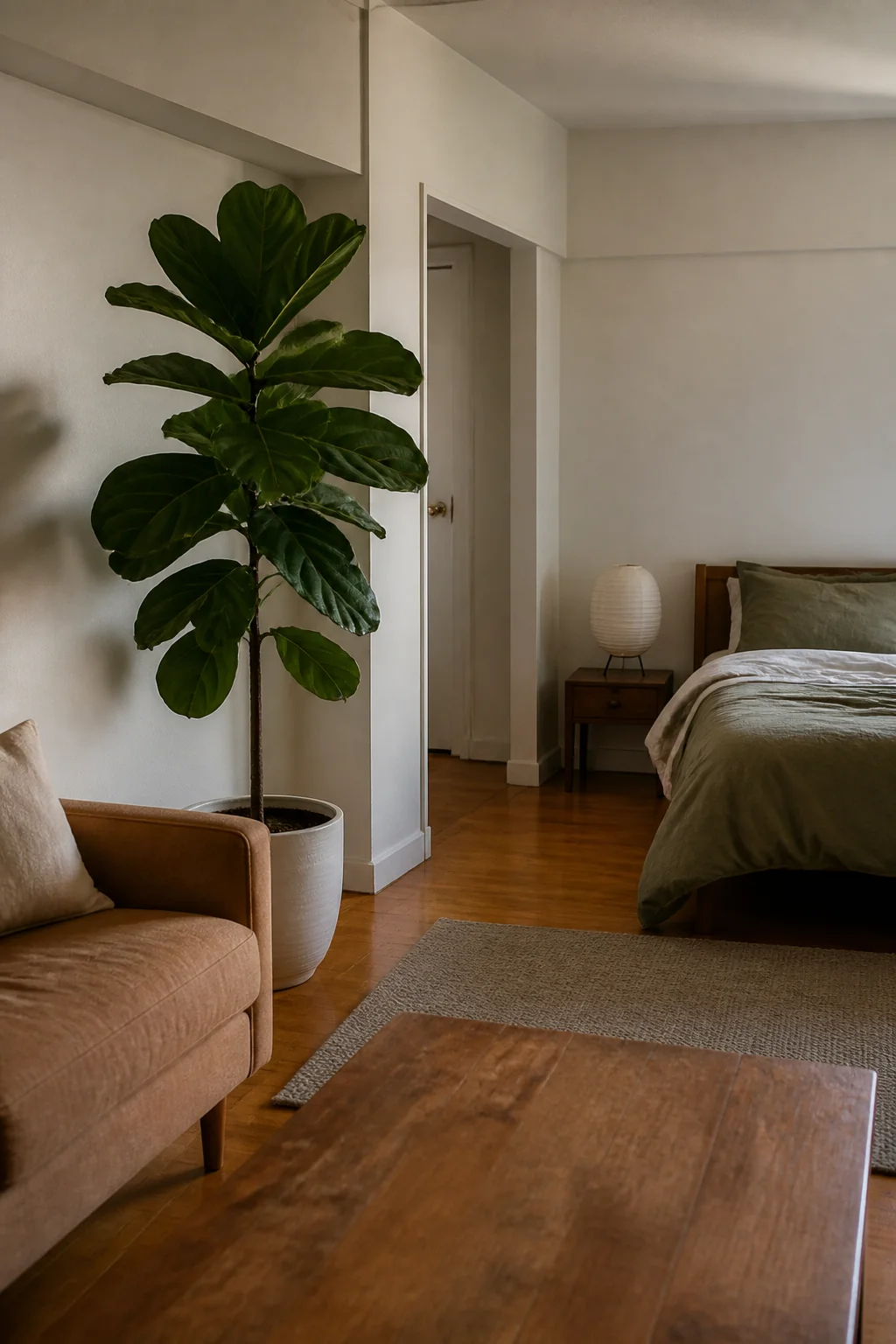 Place a fiddle-leaf fig and a ceramic planter by the window