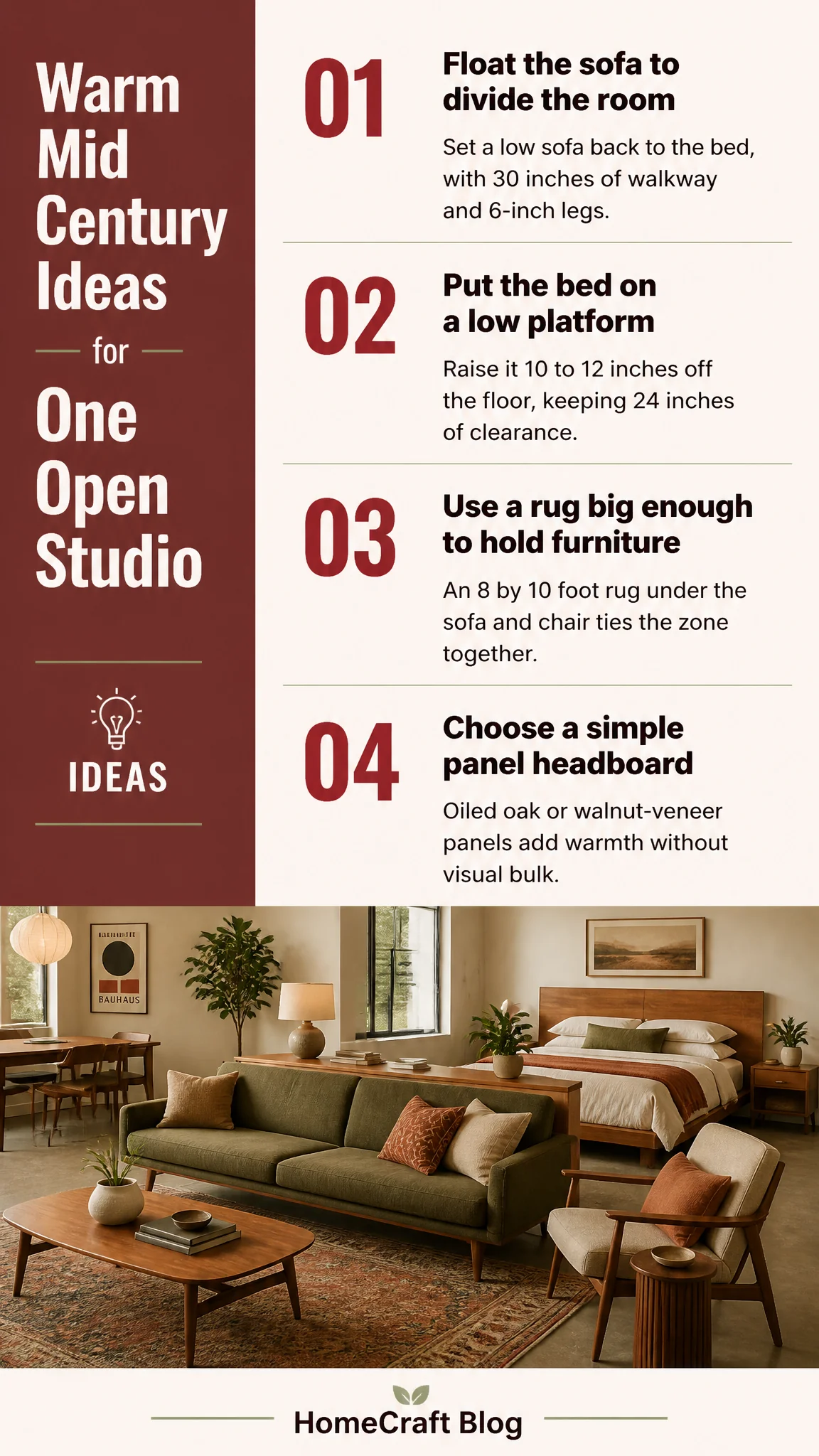 Infographic summary of 13 Warm Mid Century Modern Studio Apartment Ideas With No Walls to Hide Behind