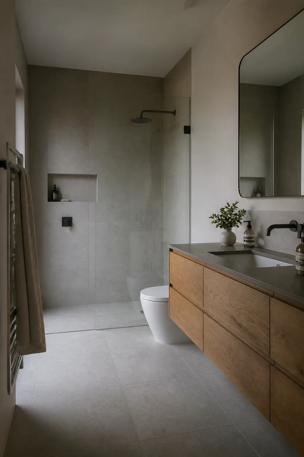 Float the vanity and leave the floor showing