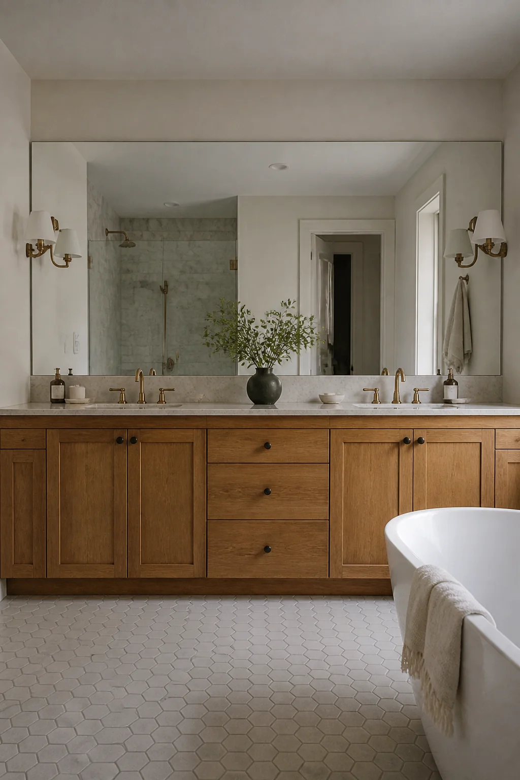 Run one wide mirror across the full vanity wall