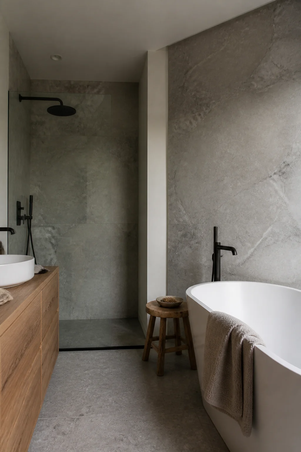 Tile the shower and one wall in a single large-format slab