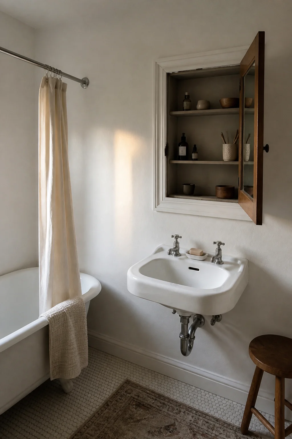 Set the medicine cabinet into the wall
