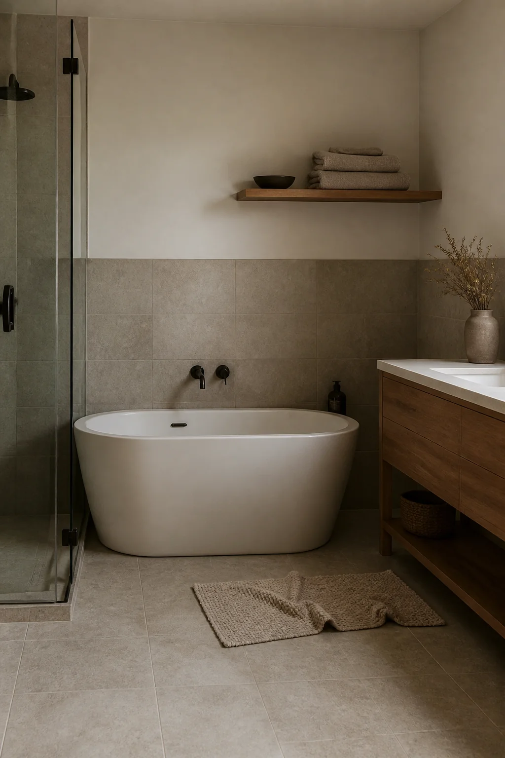 Give the towels one open wood shelf