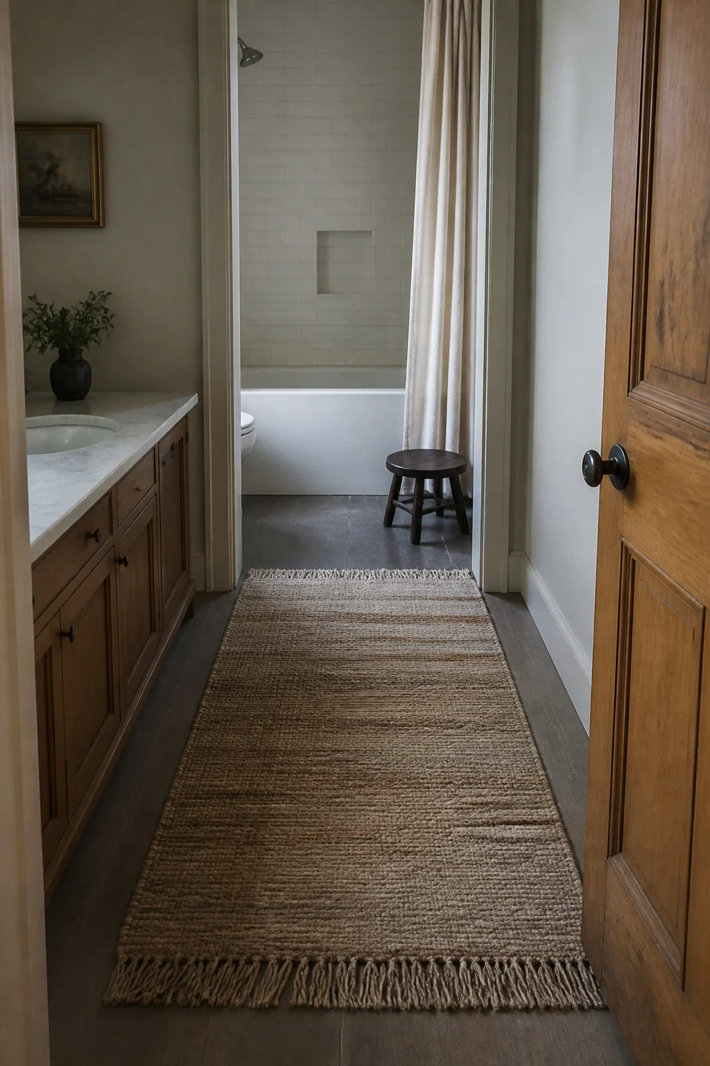 Use one flat-woven rug sized to the floor