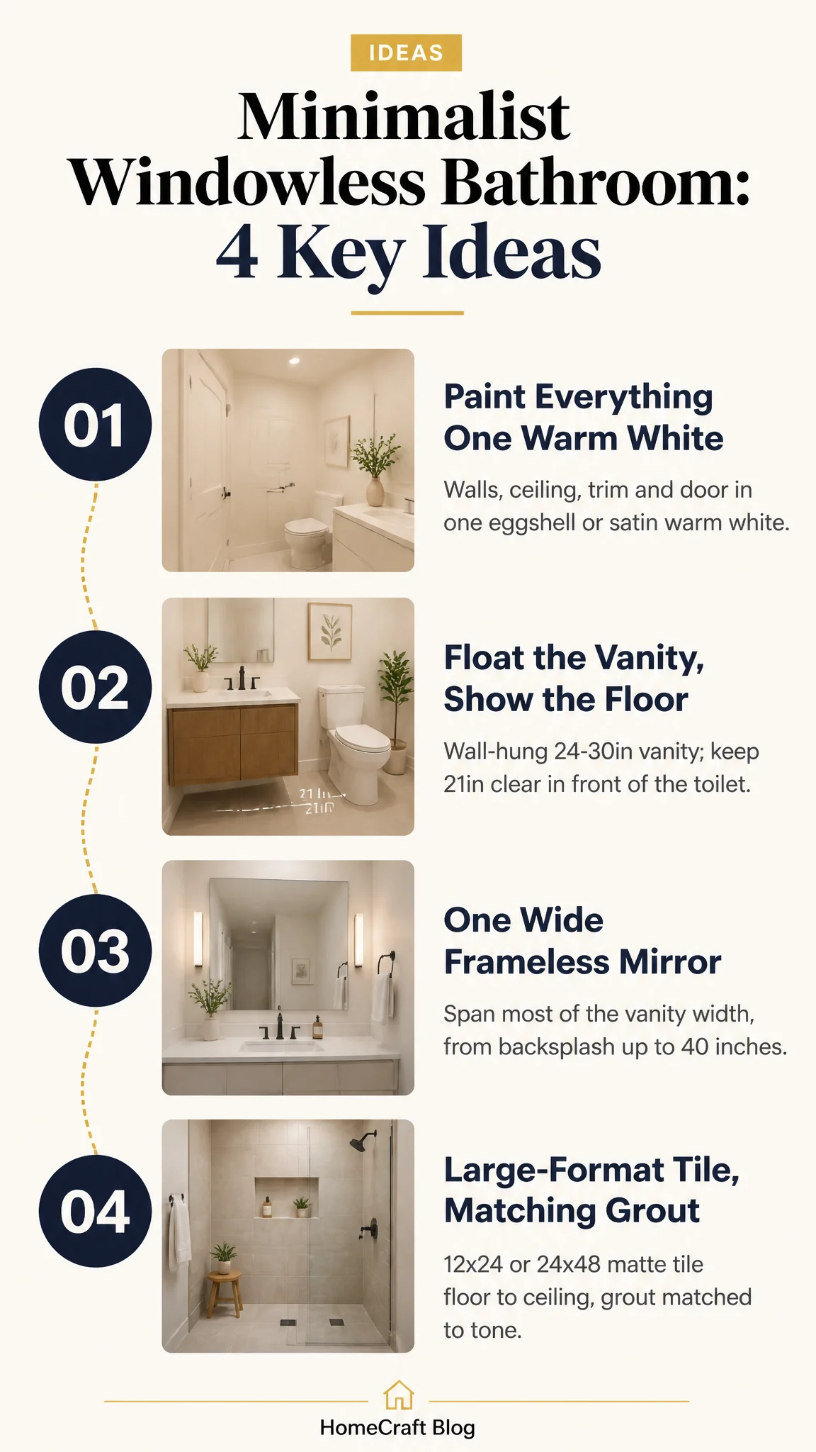 Infographic summary of 12 Minimalist Bathroom Ideas for Windowless Rooms