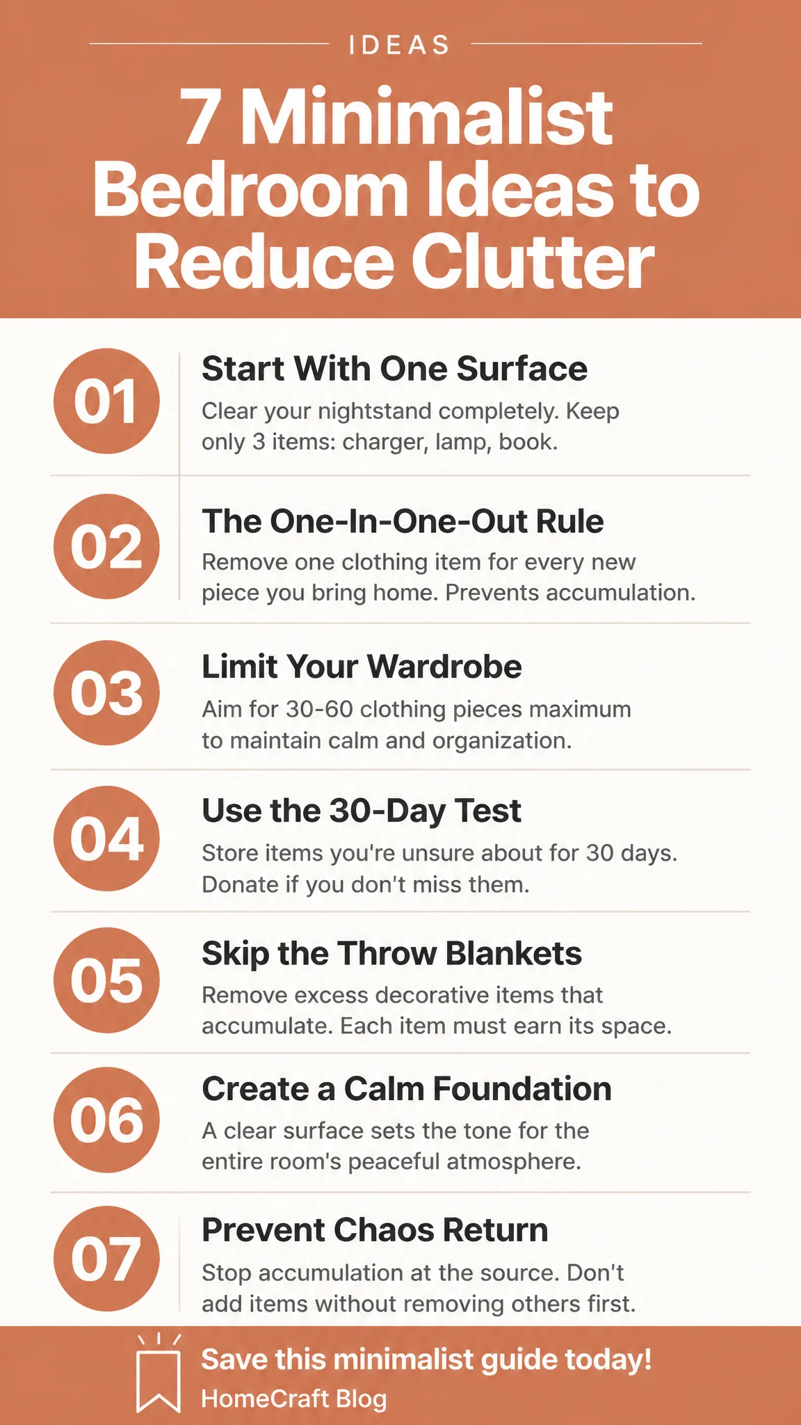 Infographic summary of 7 Minimalist Bedroom Ideas That Keep Clutter From Coming Back