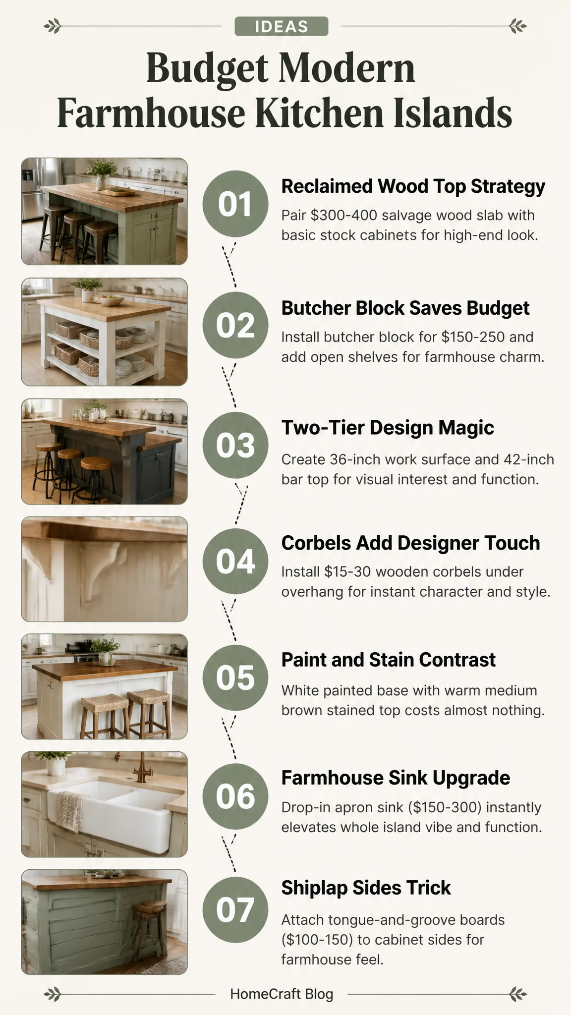 Infographic summary of 25 Charming Modern Farmhouse Kitchen Island Ideas on a Budget