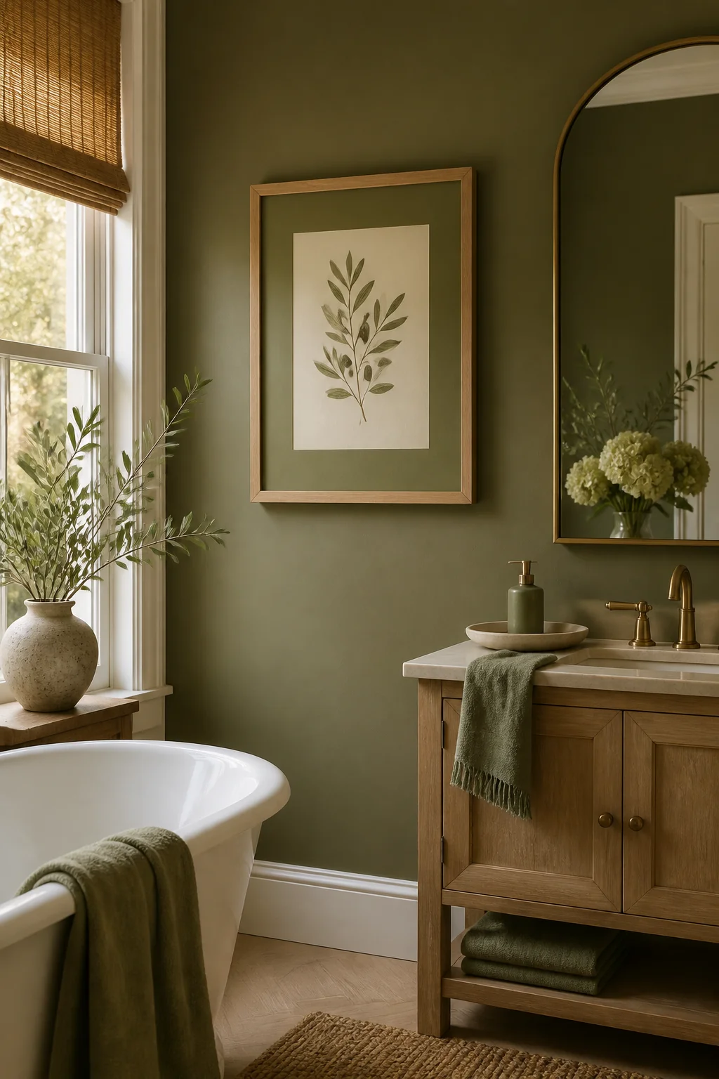 Frame a botanical print with an olive green mat and natural wood frame