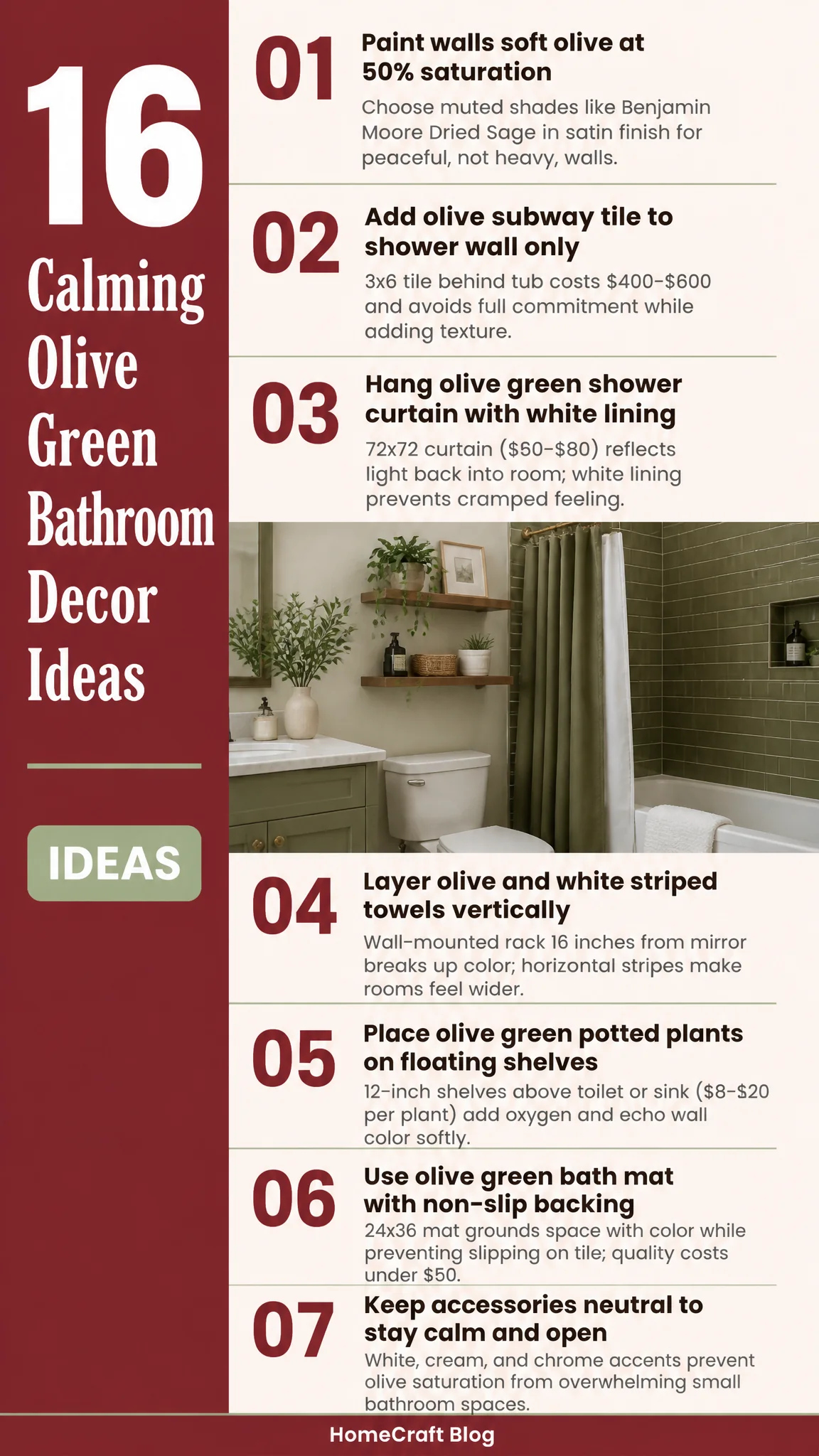 Infographic summary of 16 Calming Olive Green Bathroom Decor Ideas That Won't Darken a Small Room