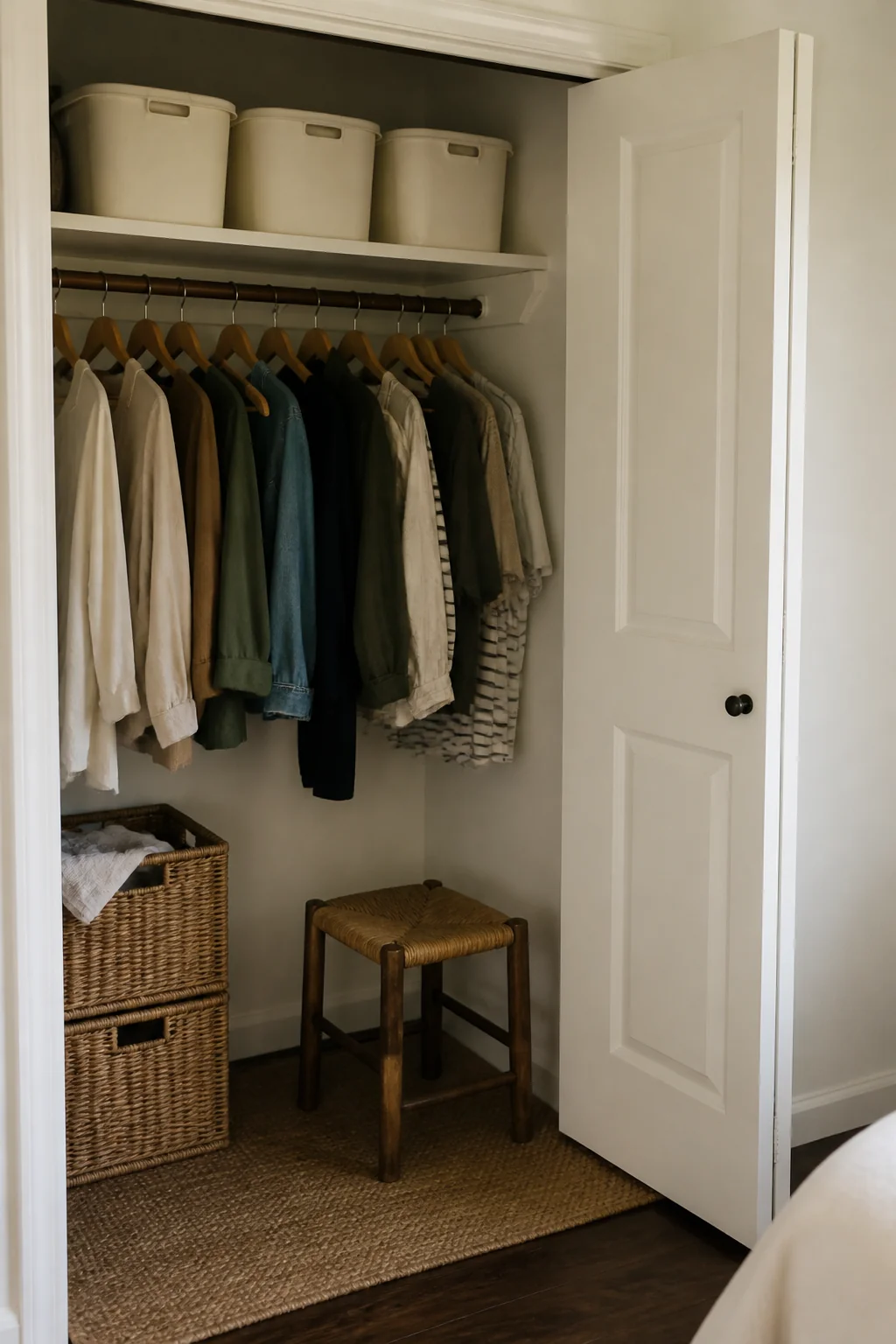 Lidded bins on the top shelf