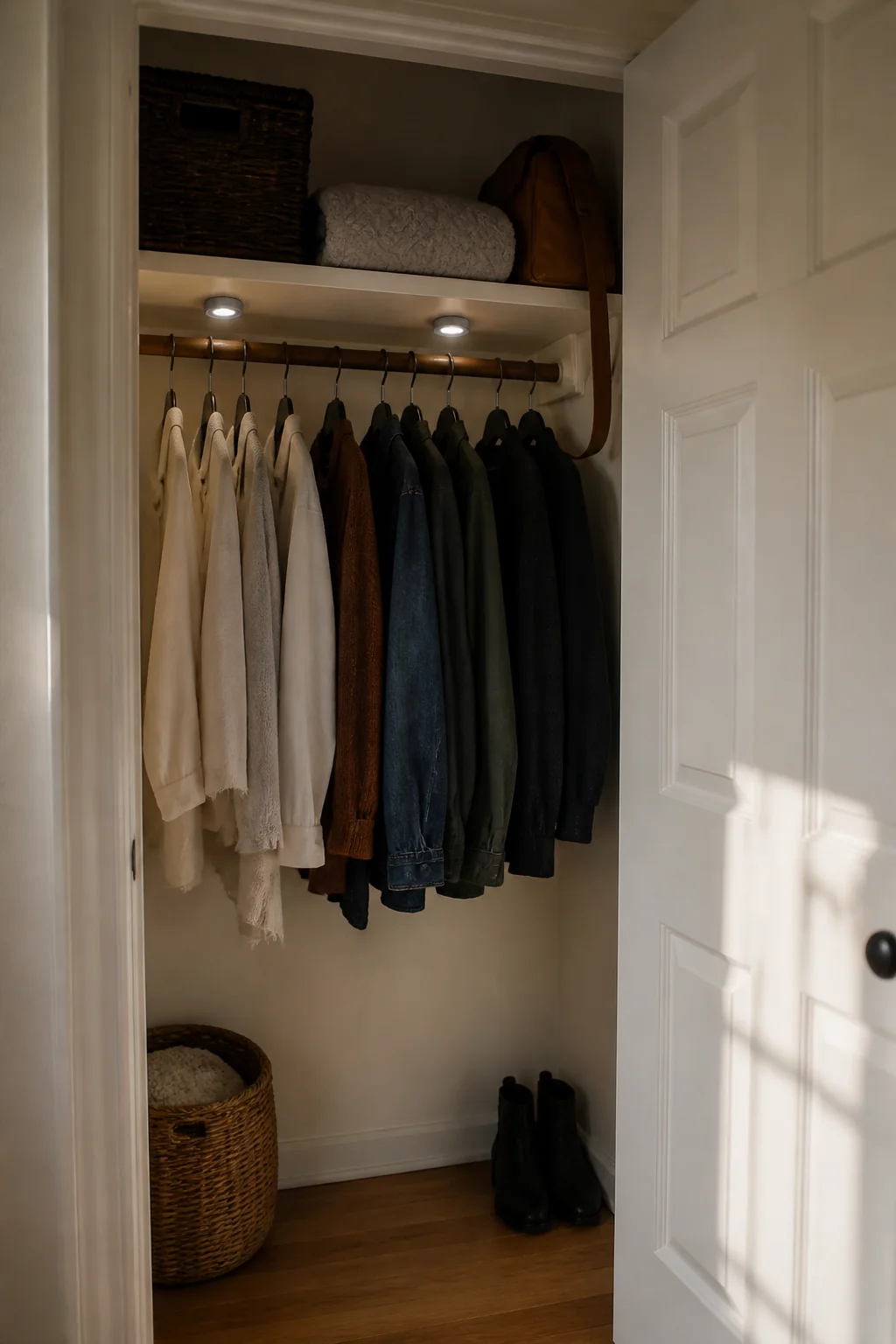 Battery puck lights under the top shelf