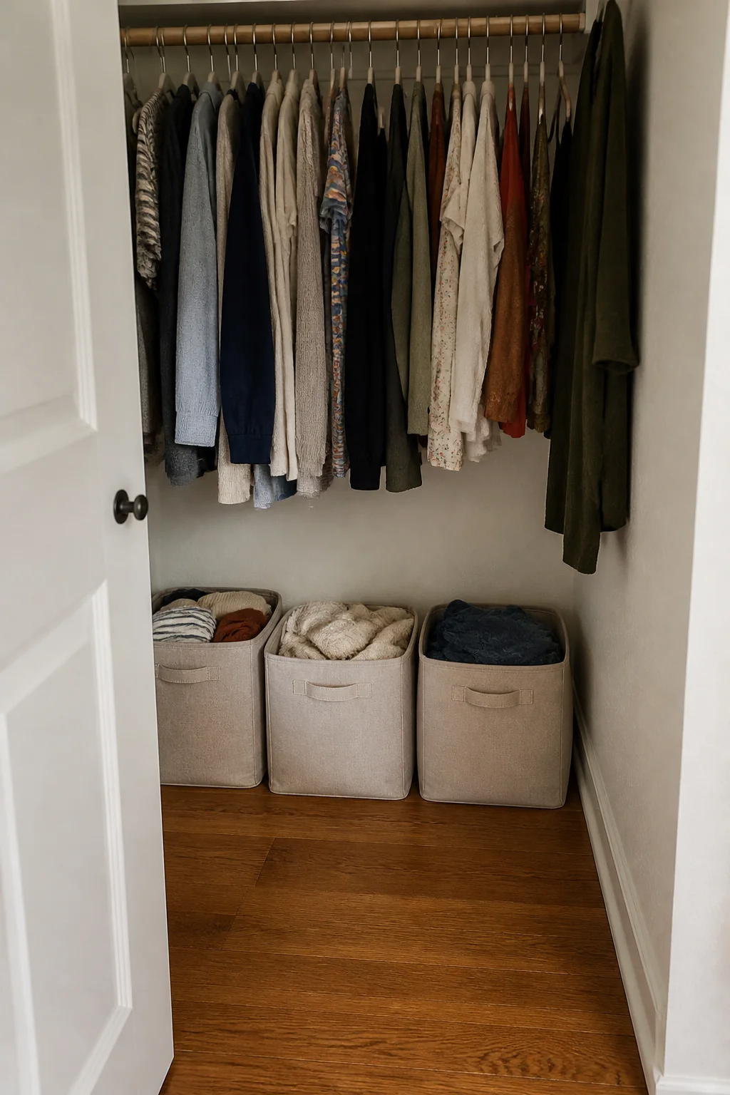Labeled fabric bins on the floor