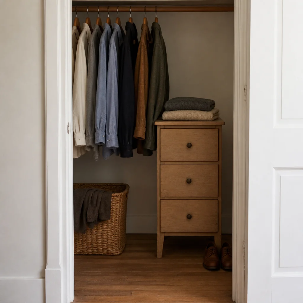 A slim three-drawer unit under the rod