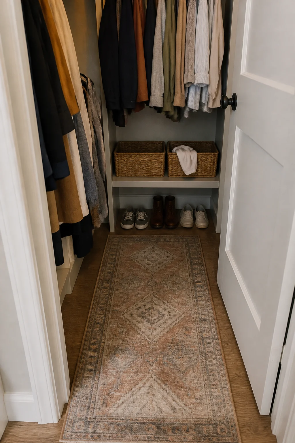 A washable runner on the closet floor