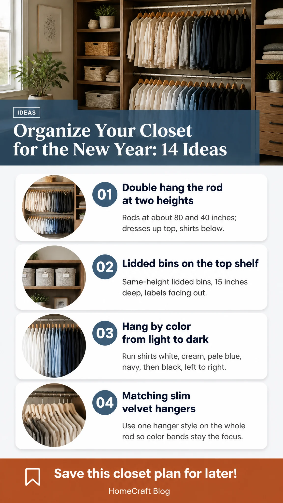 Infographic summary of 14 Closet Organizing Ideas for Reach-In Closets Before the New Year