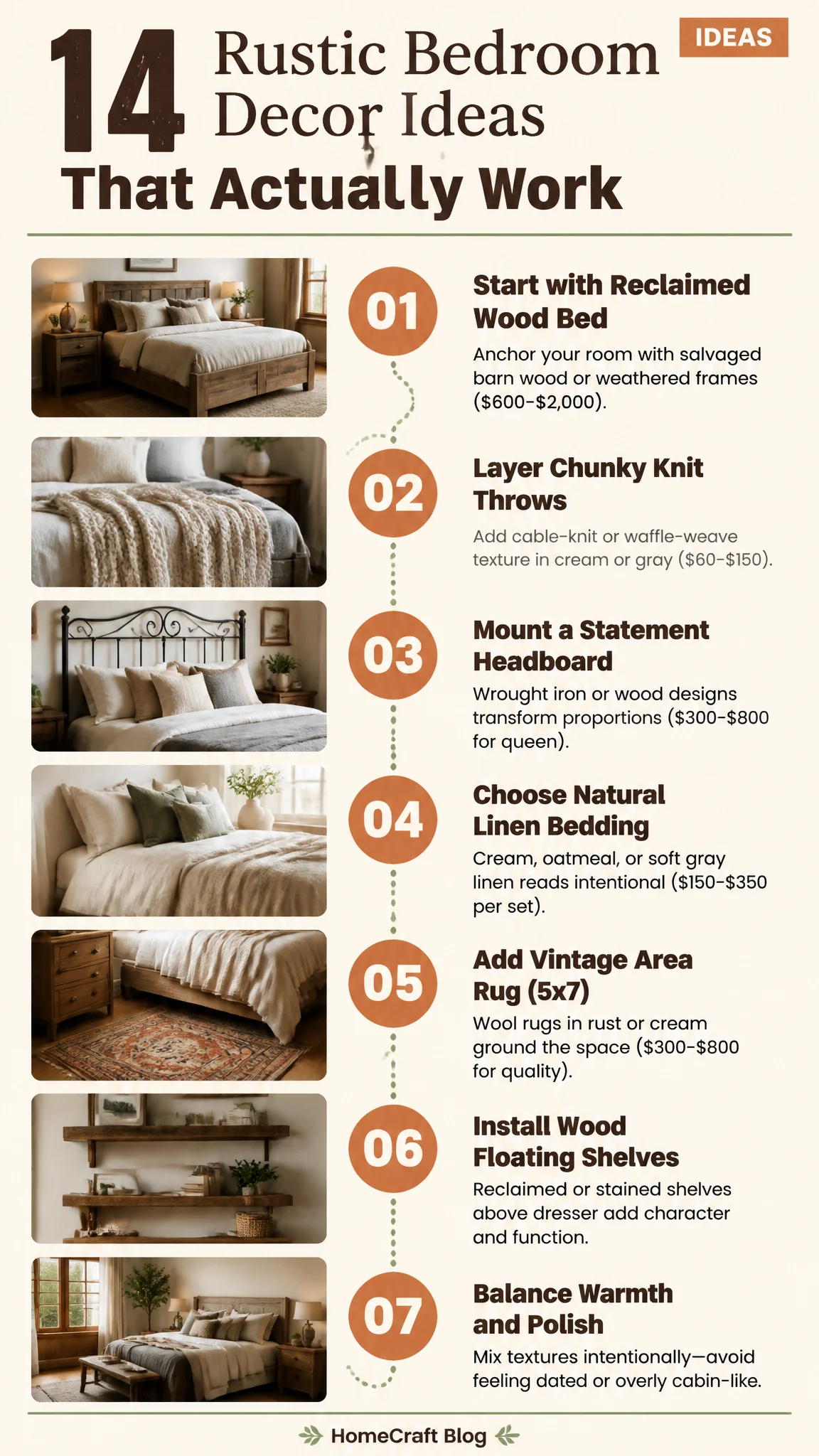 Infographic summary of 14 Inviting Rustic Bedroom Decor Ideas That Feel Warm, Not Themed
