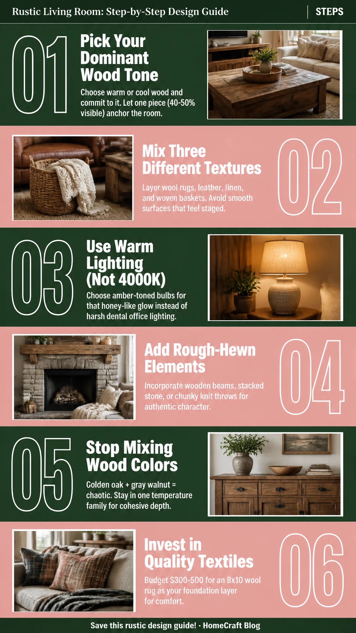 Infographic summary of How to Get the Rustic Living Room Look Step by Step