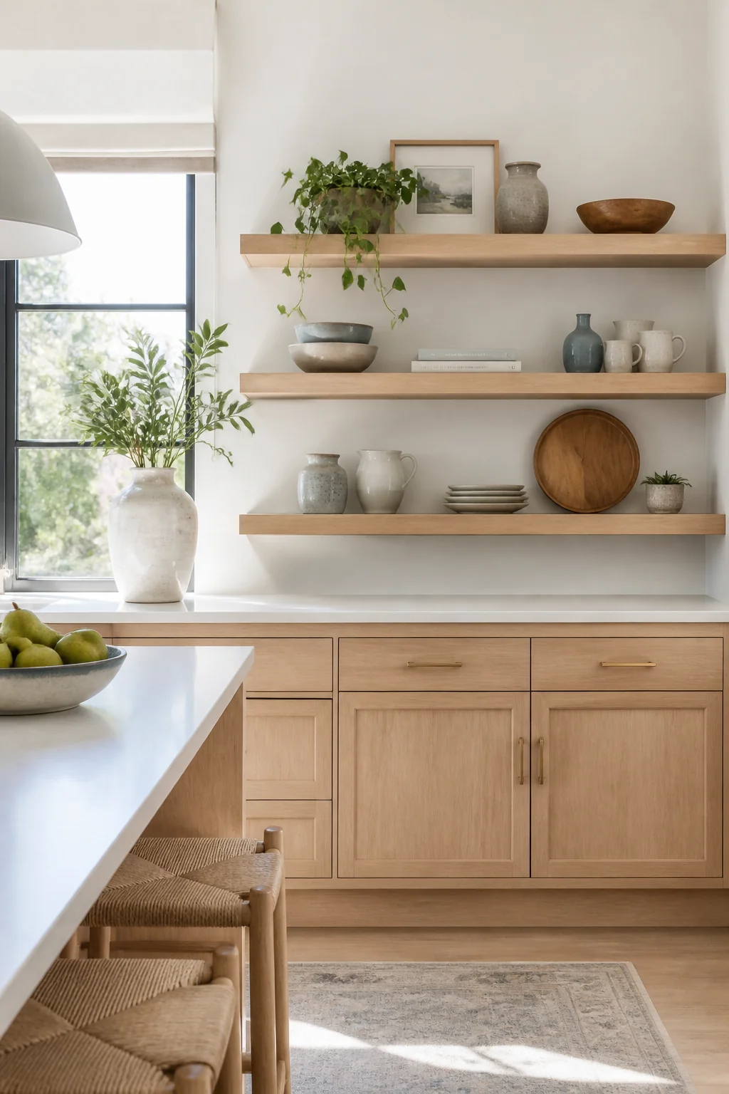 Open shelves on the one wall you can't fill with cabinets