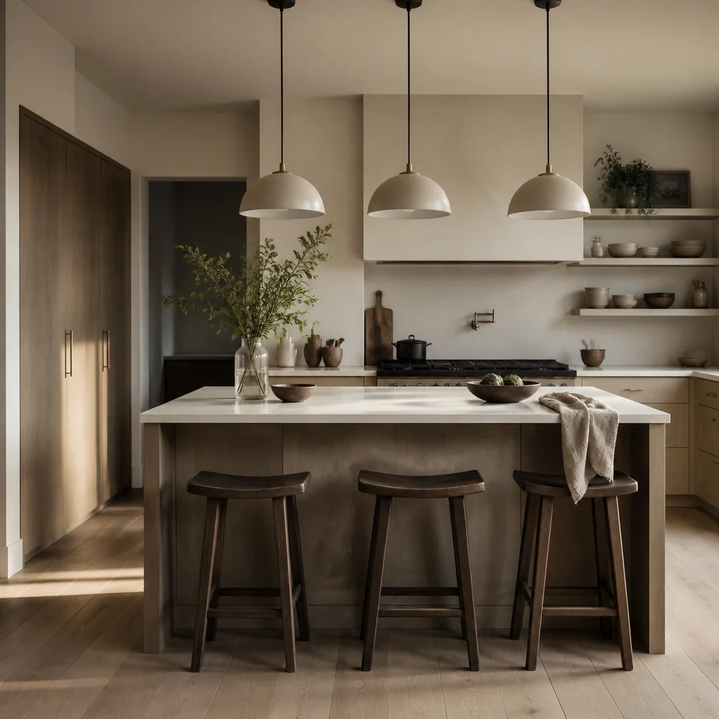 Pendant lights in a row over the island