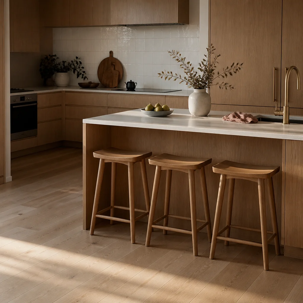 Tapered wooden stools tucked under the island