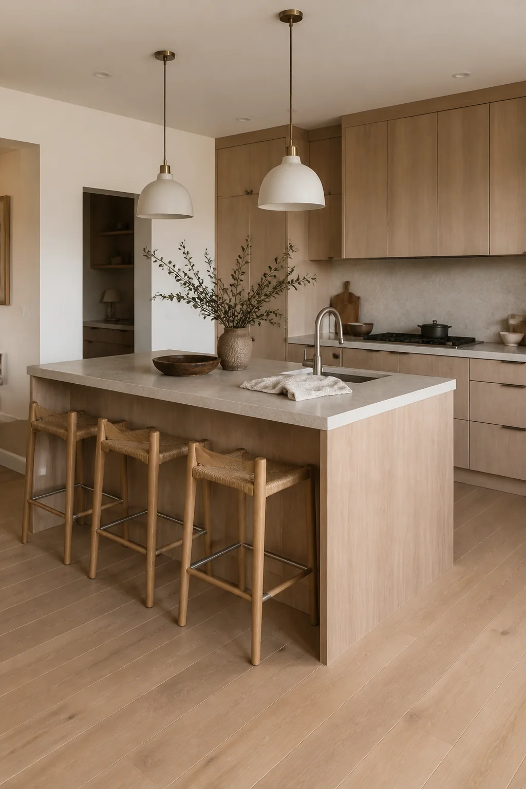 Pale oak flooring that runs straight into the kitchen