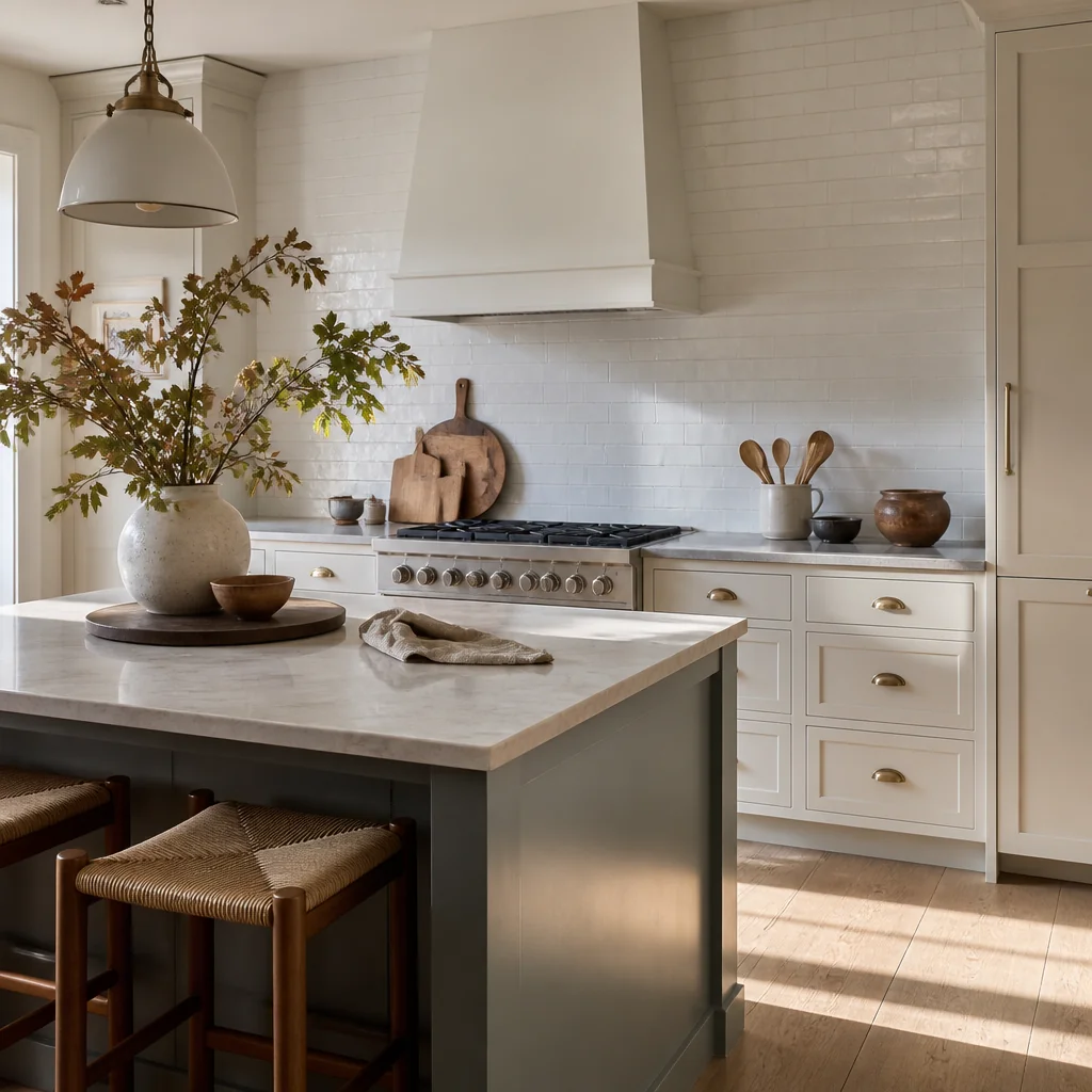 Handmade-look white tile in a running bond