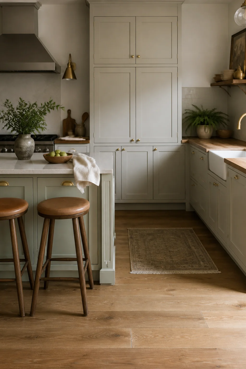 Unlacquered brass pulls on painted cabinet doors
