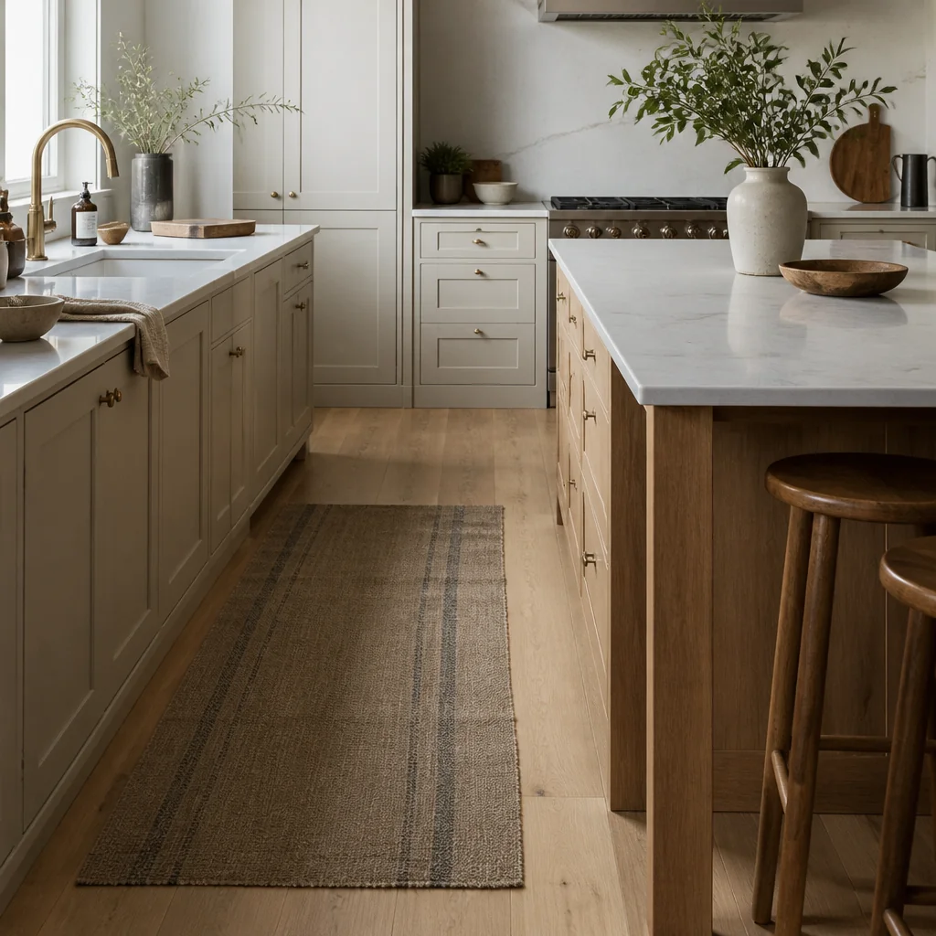 A flat-weave wool runner in front of the sink