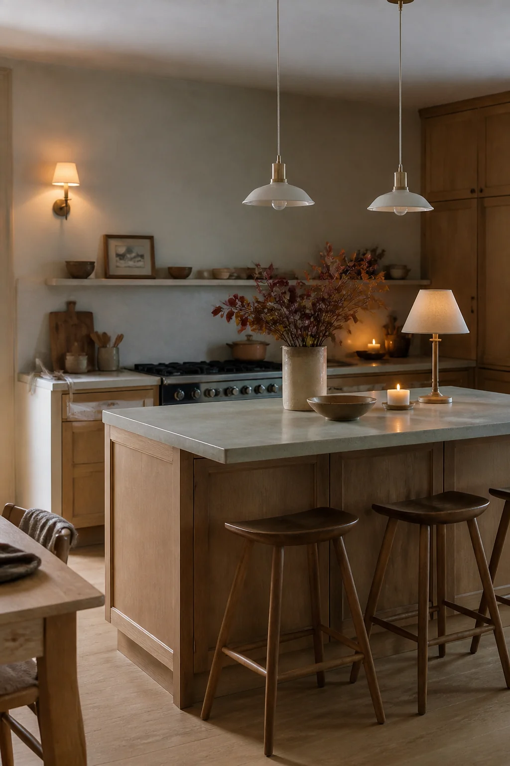 Layered lamps and warm bulbs for winter evenings