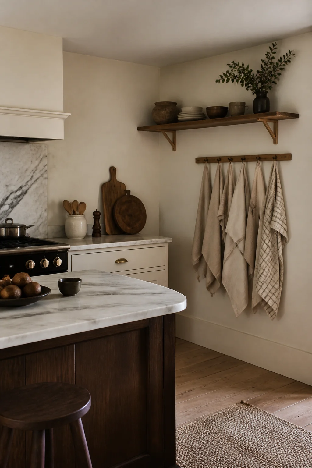 Linen tea towels on a wooden rail
