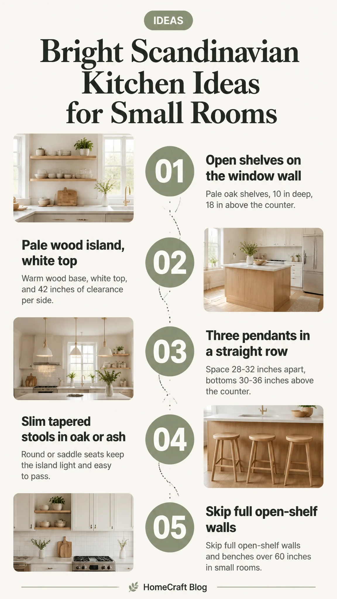 Infographic summary of 13 Bright Scandinavian Kitchen Ideas Around the Island and Open Shelving