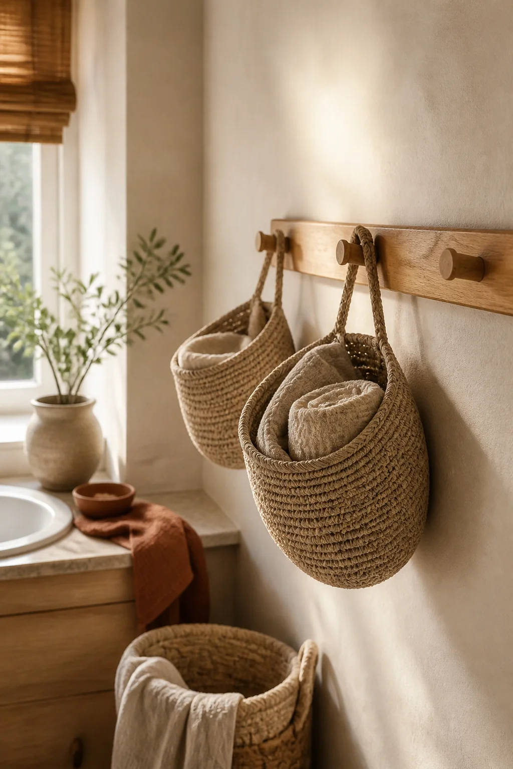 Hang woven linen baskets on a single oak rail