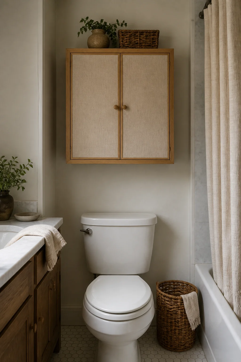 Hang a linen-front cabinet with an oak frame