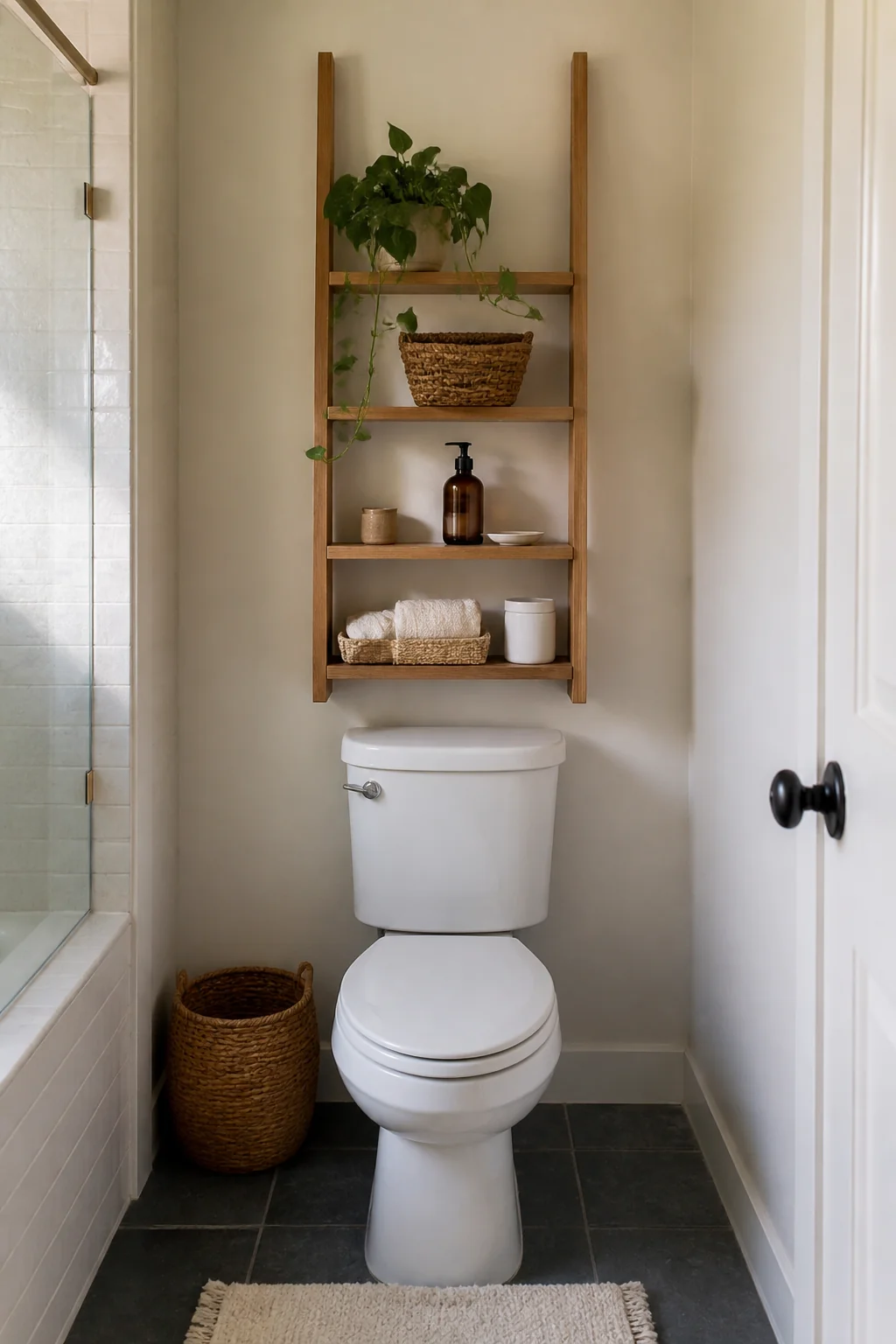 Mount a slim oak ladder shelf flat to the wall