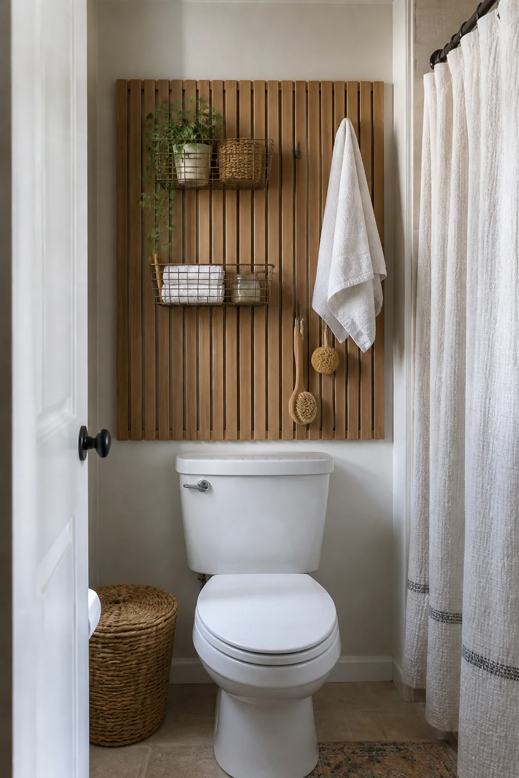 Install an oak slat wall with wire hooks