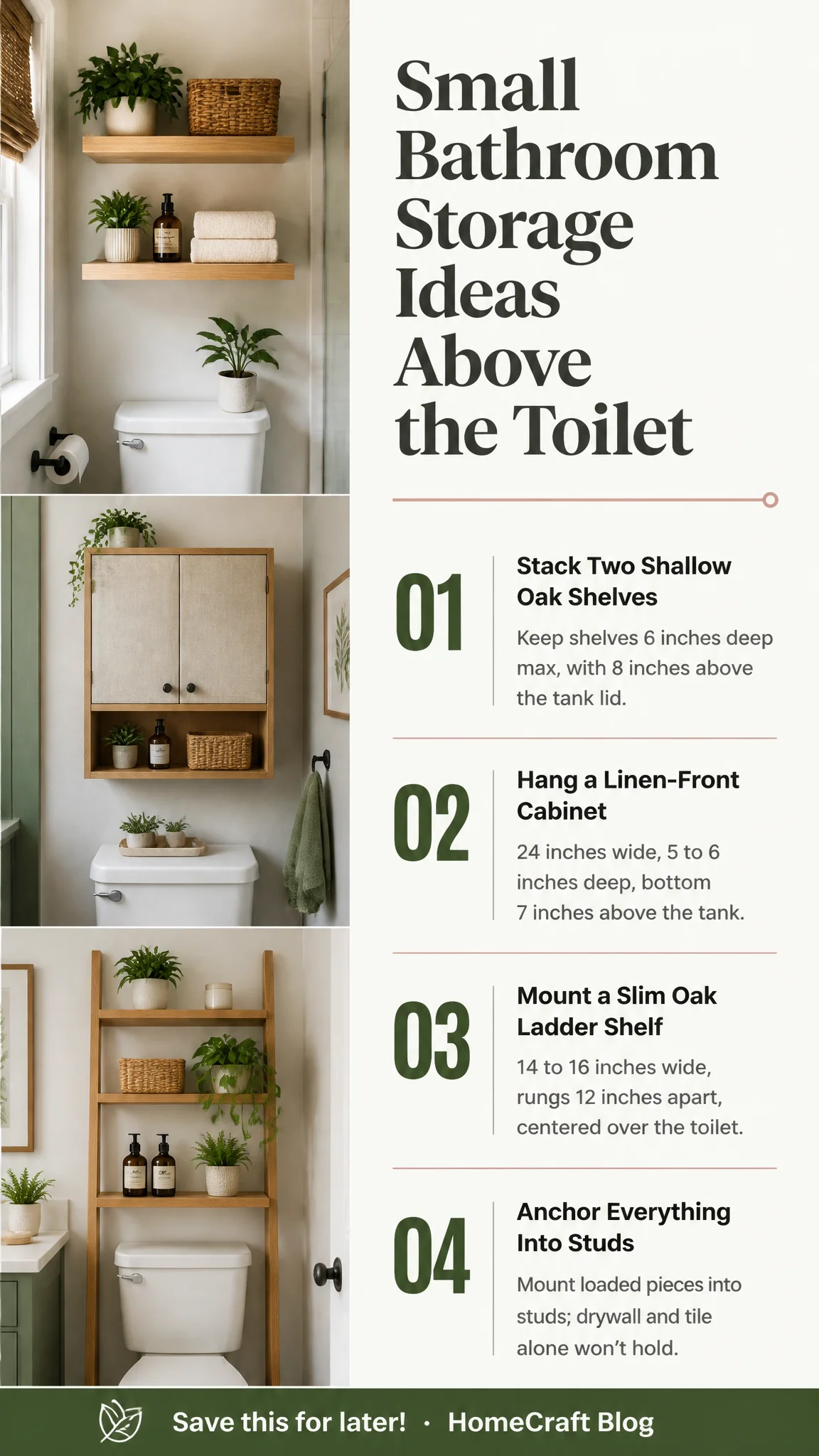Infographic summary of 6 Linen and Oak Small Bathroom Storage Ideas Above the Toilet