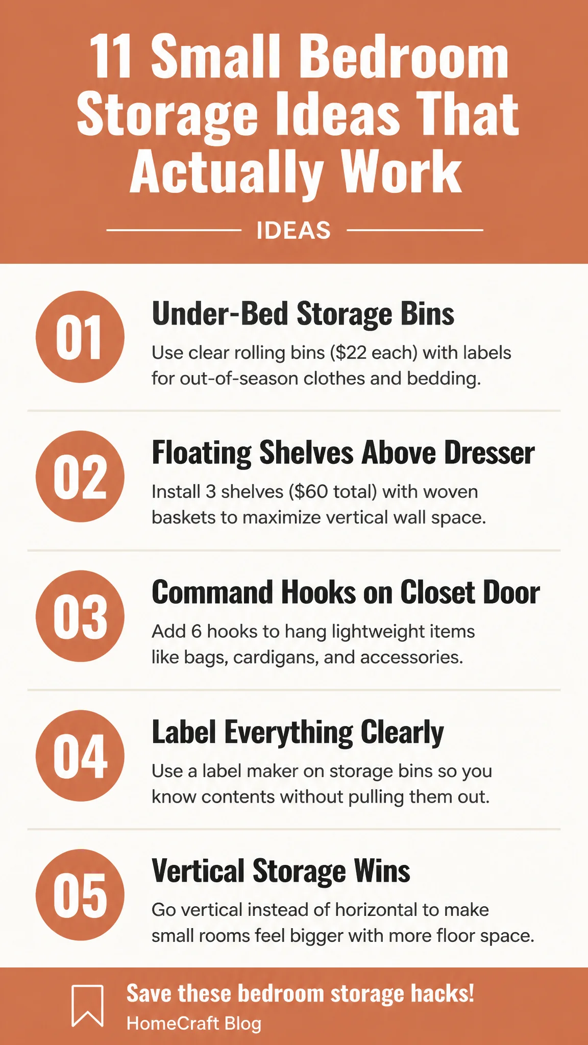 Infographic summary of 11 Small Bedroom Storage Ideas That Earn Their Space