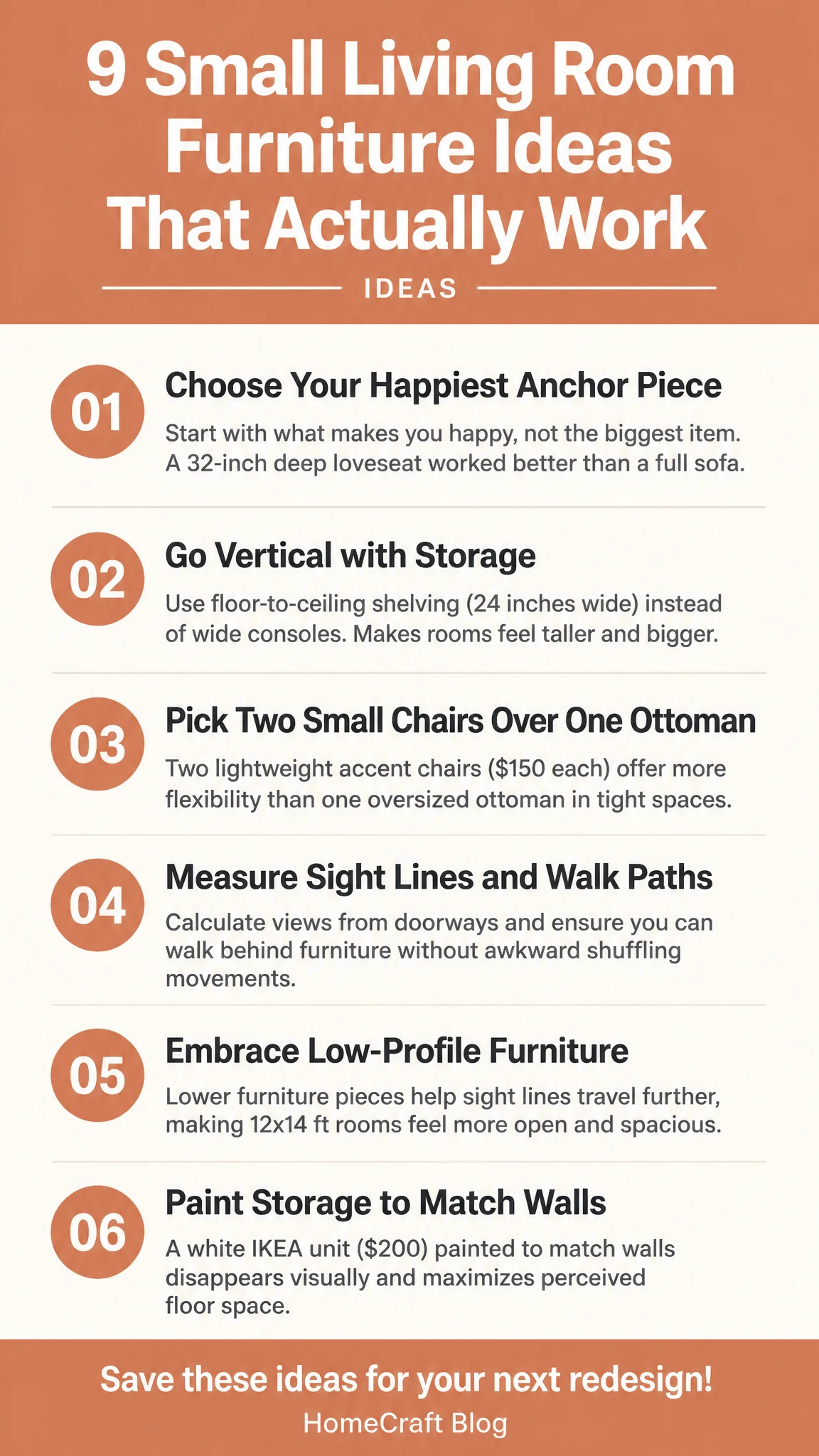 Infographic summary of Small Living Room Furniture Ideas That Keep the Floor Walkable