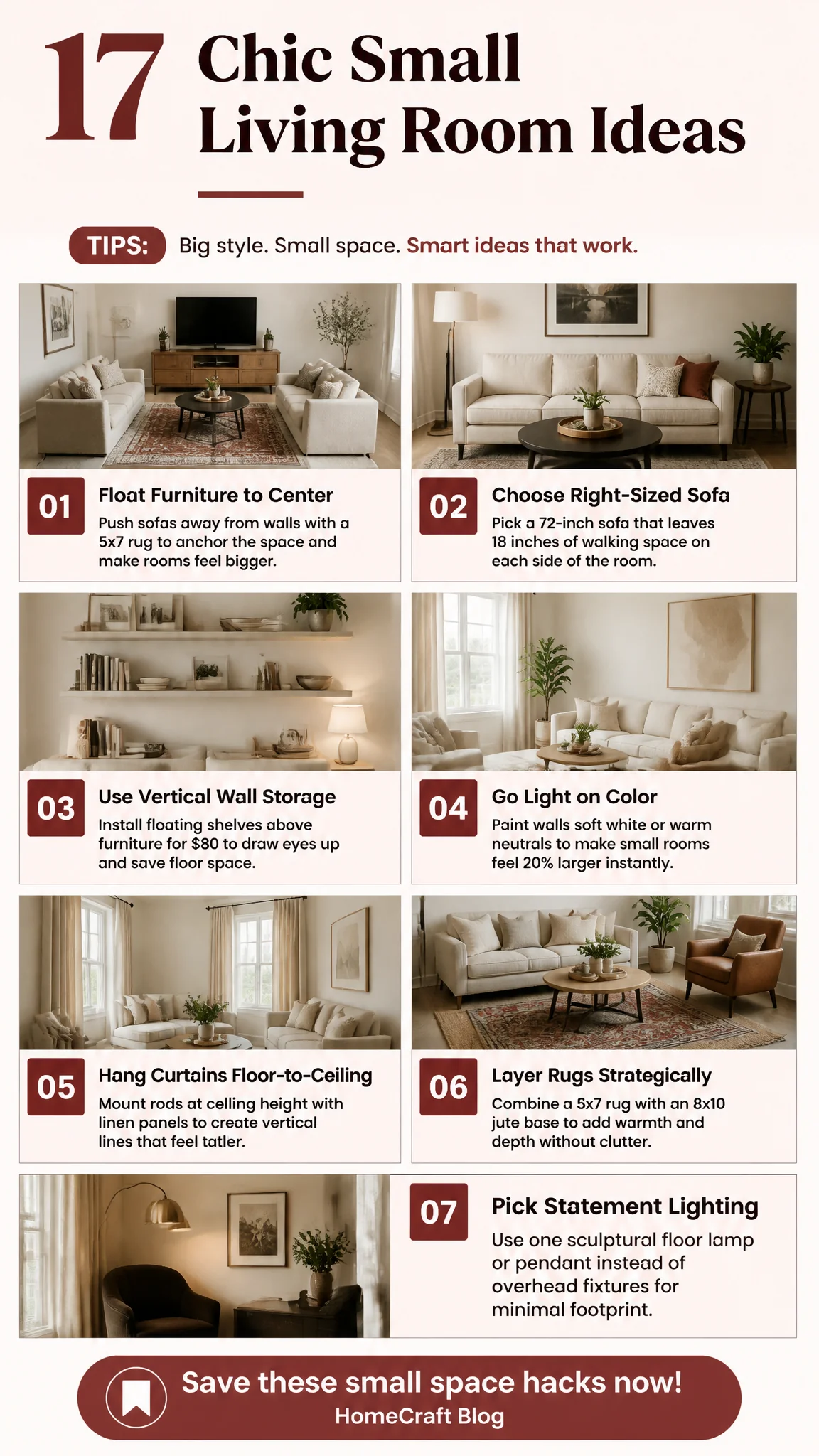 Infographic summary of 7 Small Living Room Ideas That Work in 200 Sq Ft
