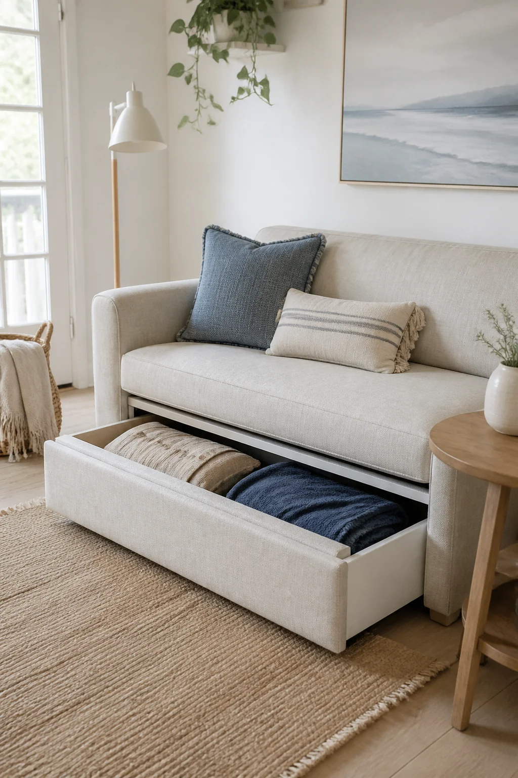 Settee or loveseat with a pull-out storage bench