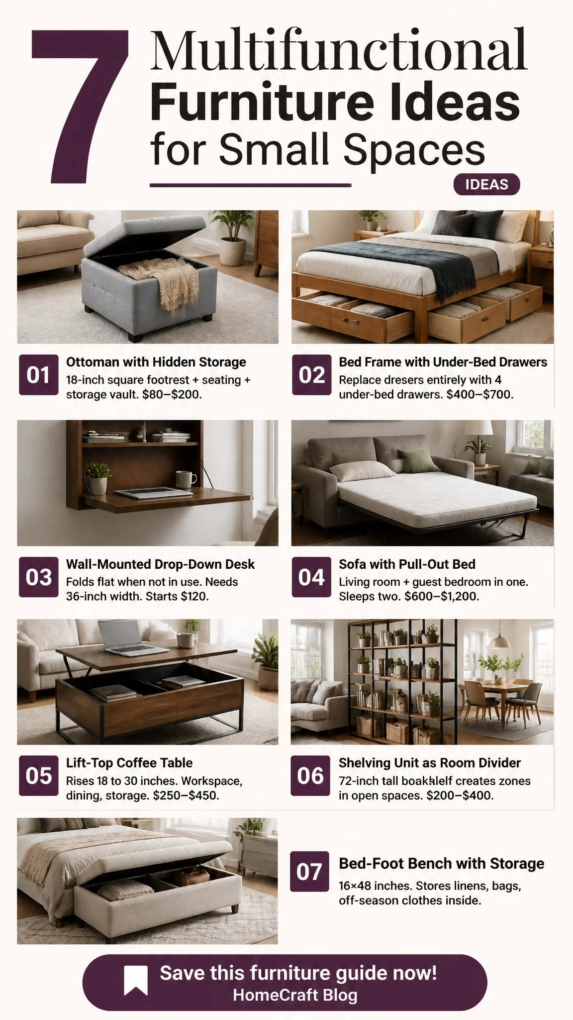 Infographic summary of 22 Simple Small Space Multifunctional Furniture Ideas That Earn Their Footprint