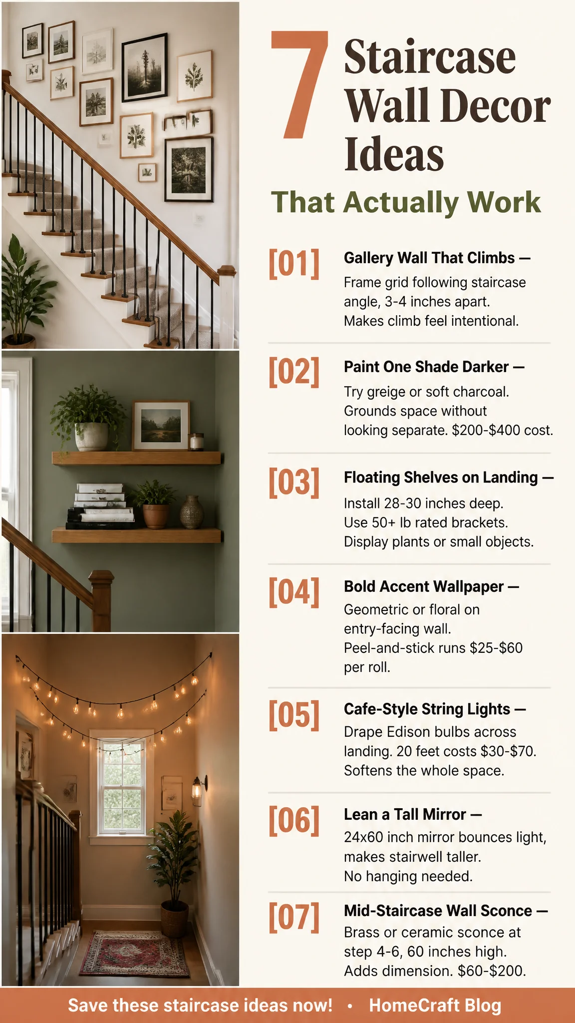 Infographic summary of 27 Clever Staircase Wall and Landing Decor Ideas
