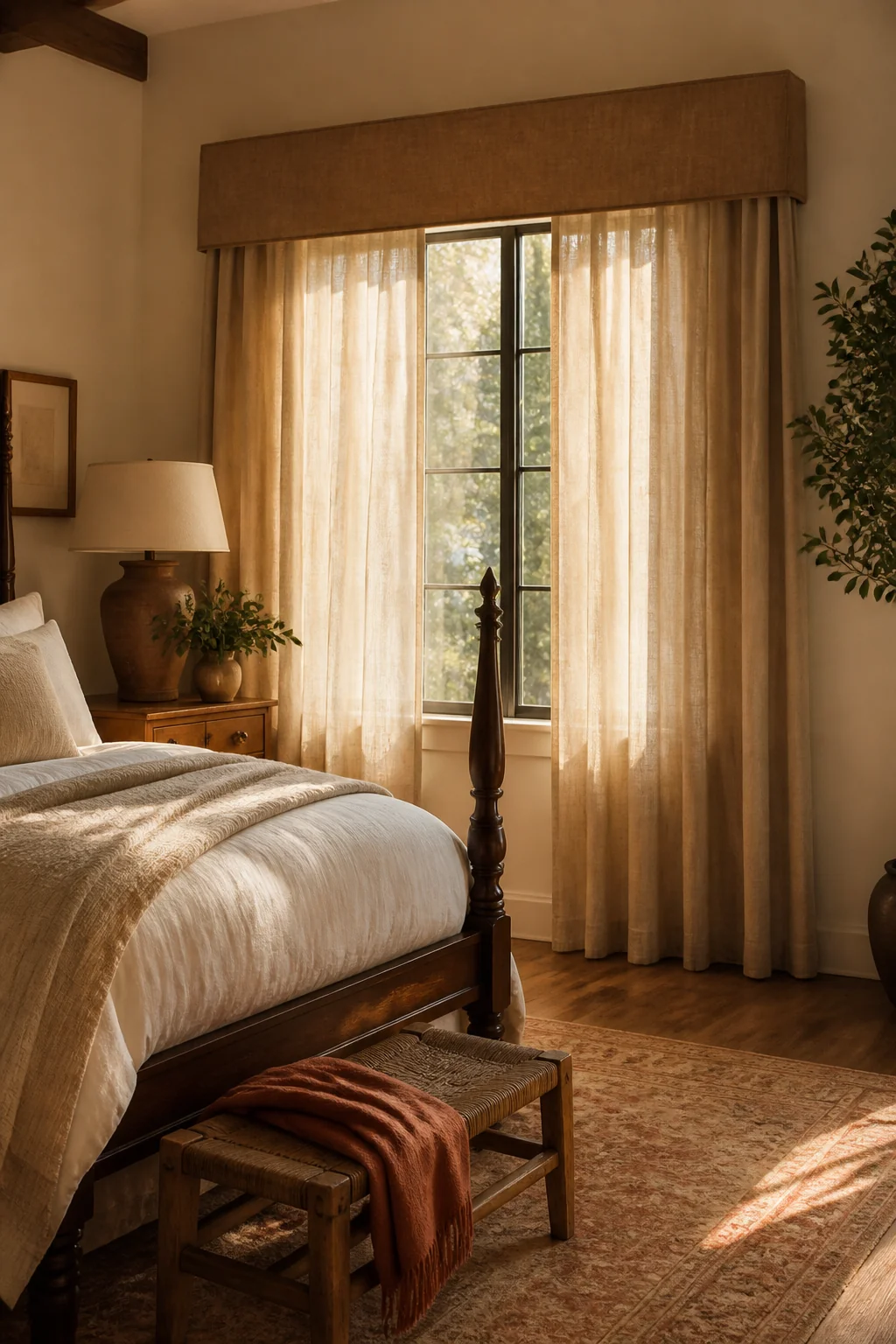 Layer linen or cotton curtains in a neutral shade with a deeper valance
