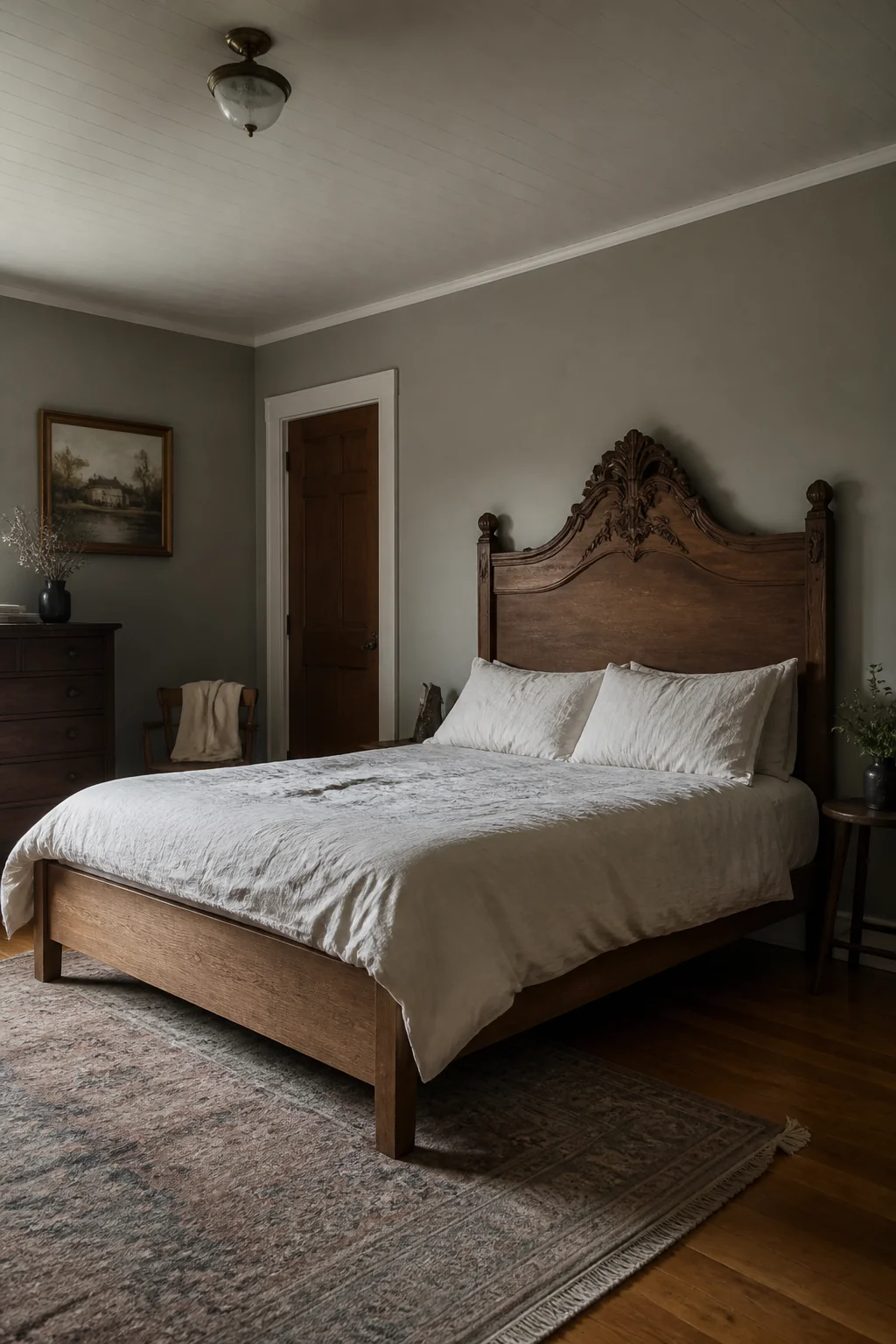 Pair a low wooden bed frame with a tall carved headboard