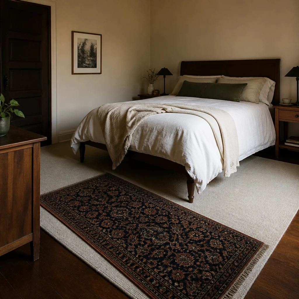 Layer a dark patterned runner rug at the foot of a larger solid-colored rug