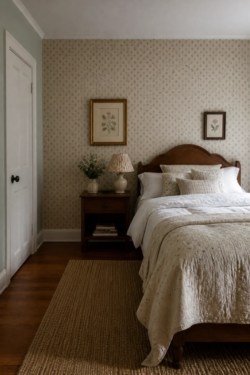 Mount the headboard wall with wallpaper in a small-scale pattern