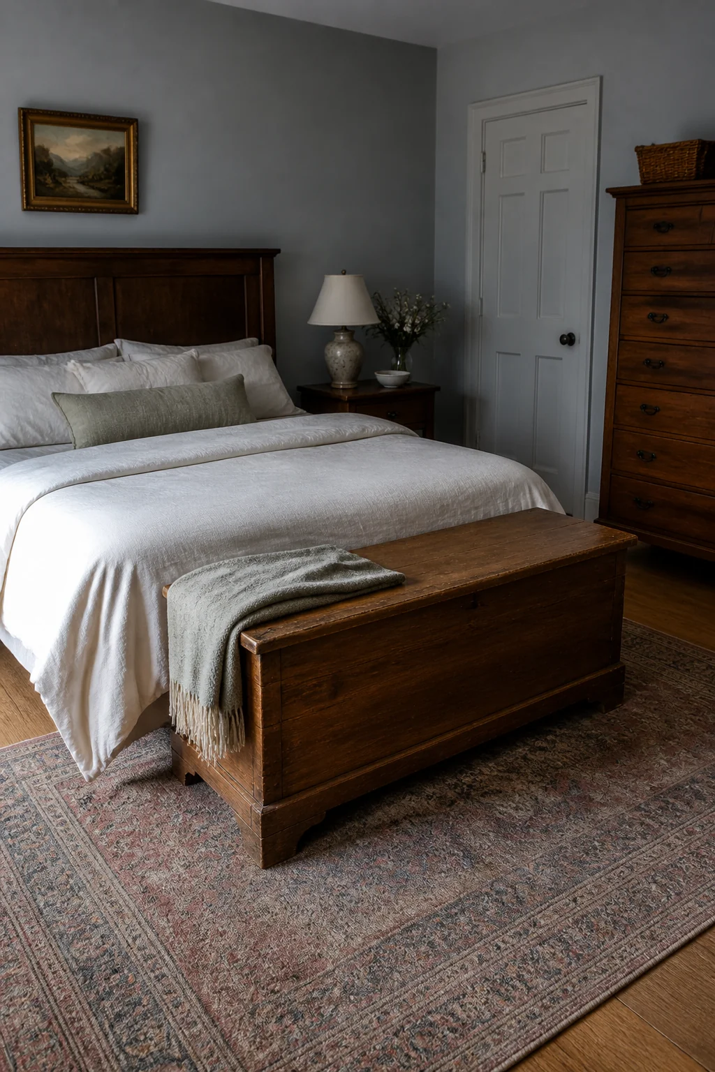 Add a wooden trunk or blanket chest at the foot of the bed